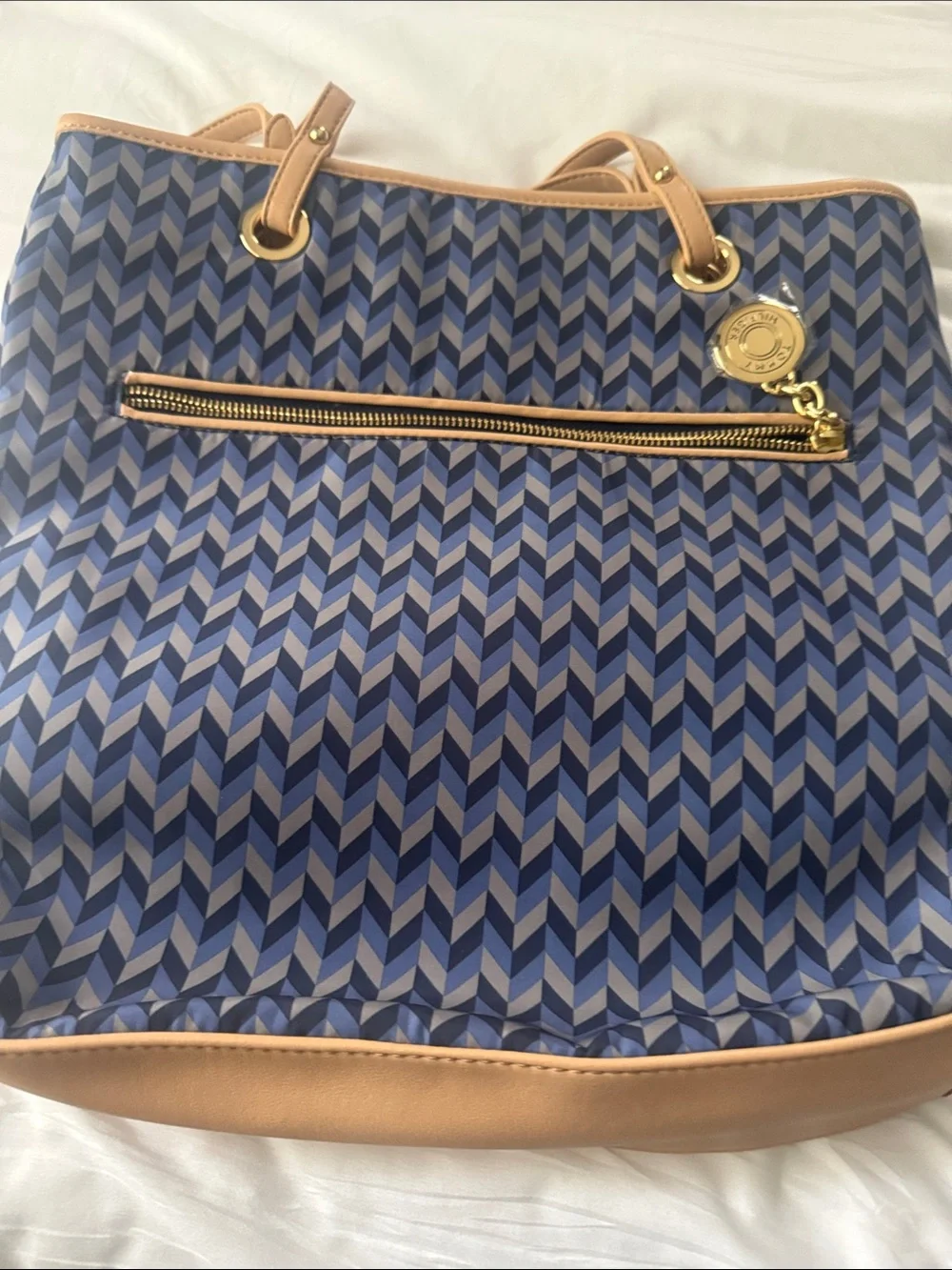 Blue Patterned Tote Bag with Tan Trim